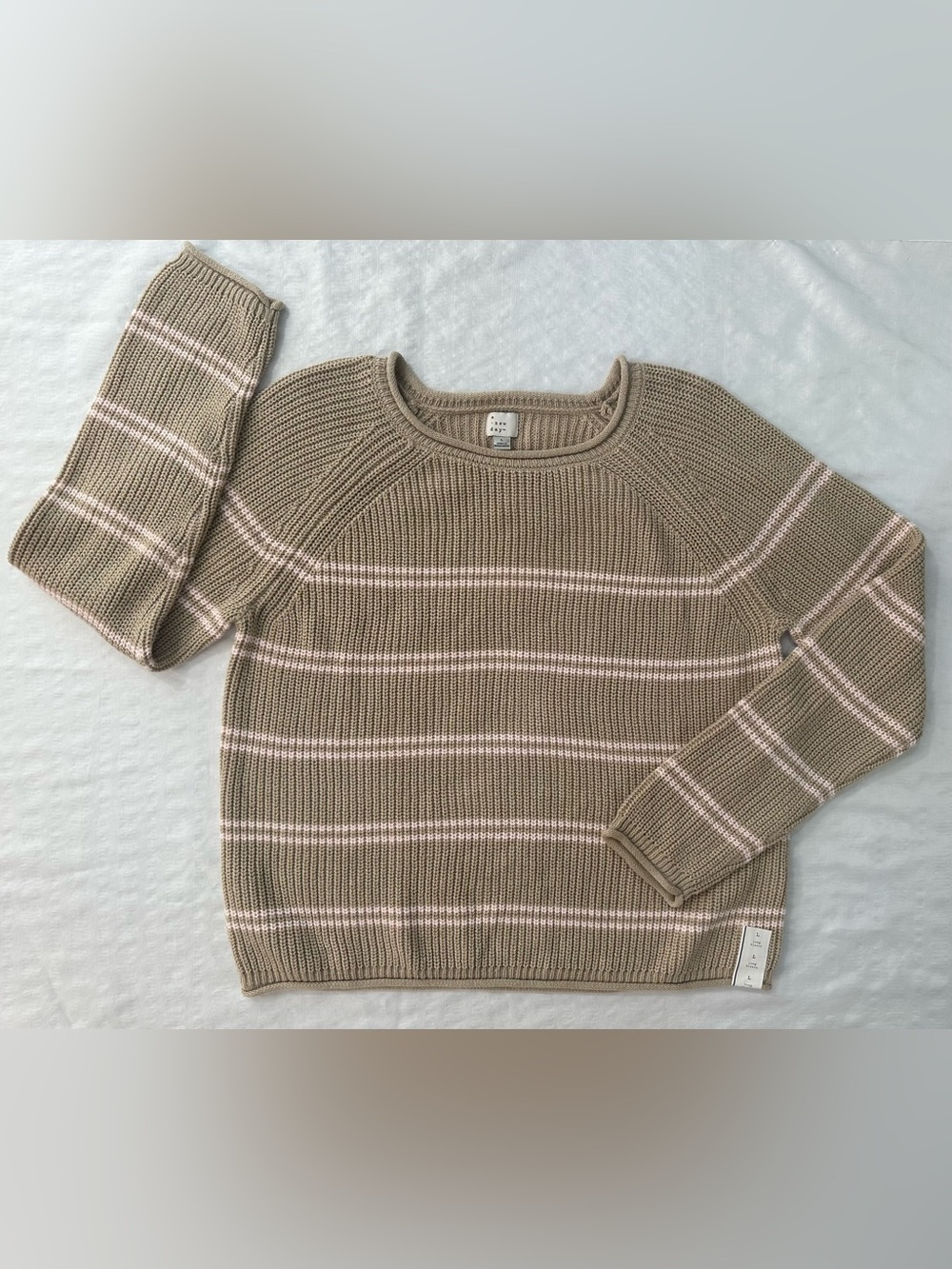 A New Day Beige Striped Crewneck Sweater
